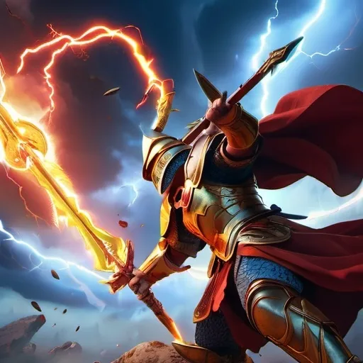 Prompt: (Battle through the heavens), epic battle scene, mighty warriors clashing, powerful celestial forces, dynamic and intense action, vibrant and dramatic color palette, fiery reds, electric blues, golden accents, ethereal and high-stakes atmosphere, glowing magical weapons and armor, swirling clouds and lightning in the background, ultra-detailed, high-definition, 4K resolution.