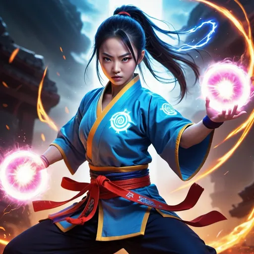 Prompt: Xiao Yan powering up to Lvl 9000, digital illustration, intense energy aura, detailed martial arts outfit, glowing runes, epic battle scene, high quality, anime style, vibrant energy colors, dynamic lighting, powerful stance, martial arts, fantasy, energy aura, detailed clothing, epic battle, digital illustration, Lvl 9000, vibrant colors, dynamic lighting, intense energy