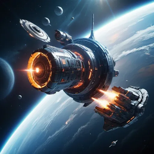 Prompt: MasterChef battling Covenant in Earth's orbit, high-res space battle, realistic 3D rendering, intense action, space combat, futuristic technology, detailed spacecraft, vibrant space colors, dynamic lighting, high quality, ultra-realistic, action-packed, sci-fi, intense battle, detailed spacecraft, realistic lighting, futuristic technology, vibrant space colors