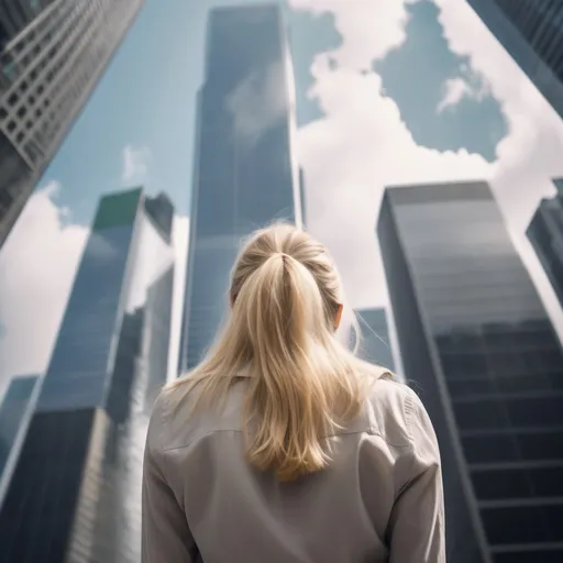 Prompt: A young blonde woman looking up at tall skyscrapers, her back is to us and the overall mood of the image is anxiety, opportunities and excitement for a new journey in life.
