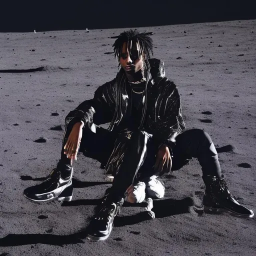 Prompt: playboi carti sitting on the moon with a all black opium outfit