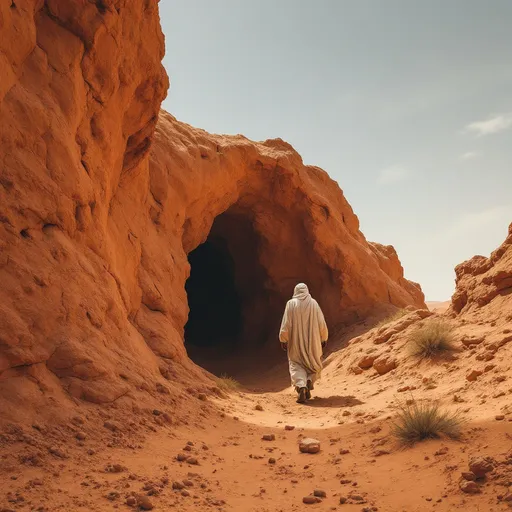 Prompt: A realistic image of a Tuareg man, seen from a low-angle perspective, entering a cave in the desert. The rock is ochre. The Tuareg is facing us and walk to us, and behind him is the cave entrance. The viewpoint is from below, as the cave slopes downward.