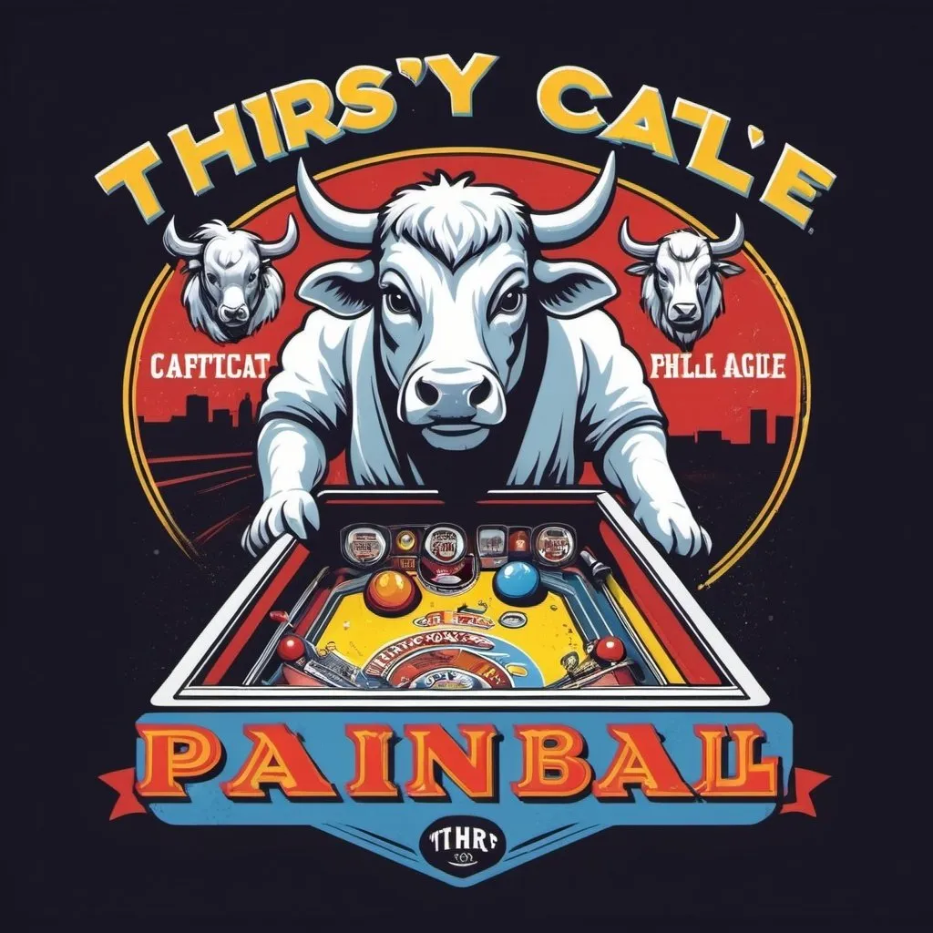 Prompt: tee shirt for a pinball league at the thirsty cattle,  T H I R S T Y in that order  and C A T T L E in that order