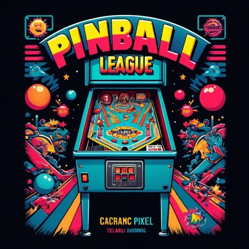 Prompt: Pinball league t-shirt design, retro style, vibrant colors, 80s arcade theme, pixel art typography, vintage pinball machine, dynamic lighting, high quality, retro, vibrant colors, pixel art, arcade, vintage, dynamic lighting