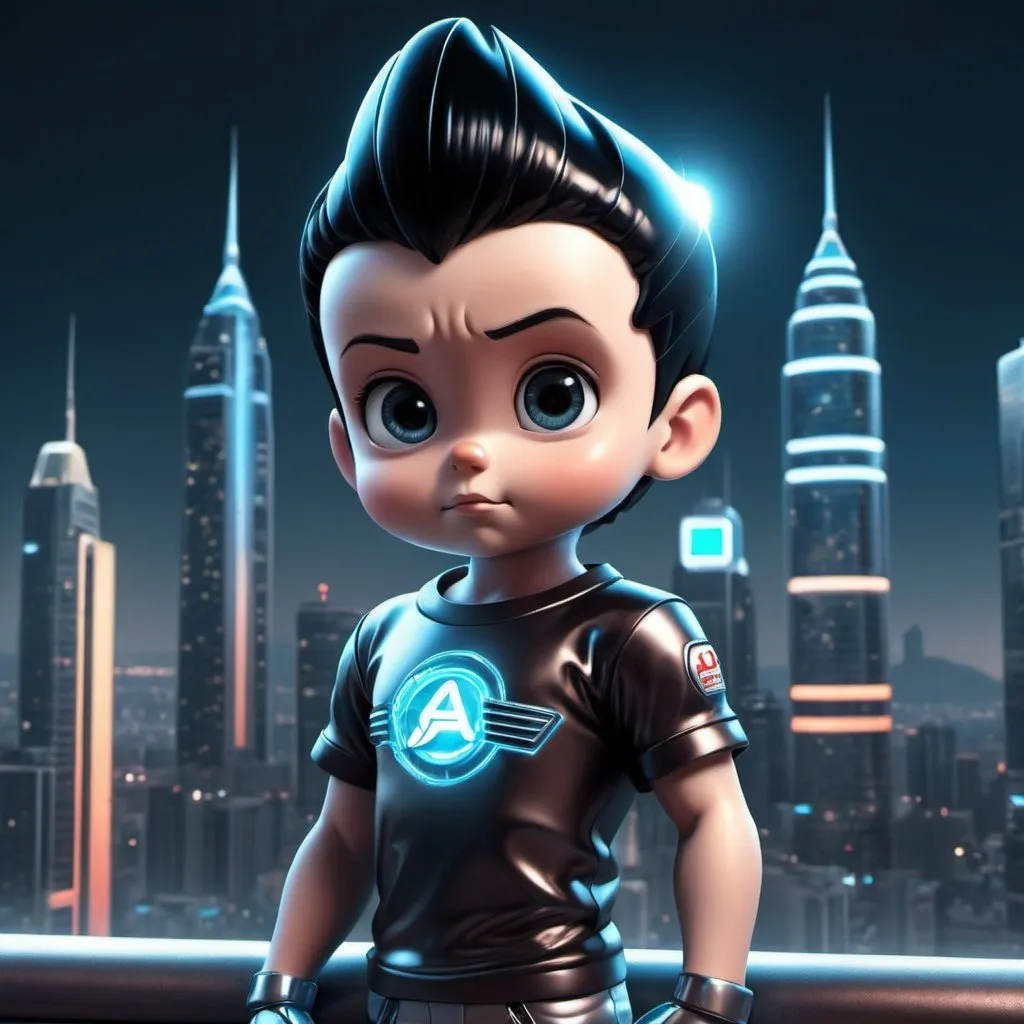 Prompt: AstroBoy with Astro.build logo on t-shirt, realistic digital illustration, dynamic pose, shiny metallic tones, futuristic city skyline in the background, glowing neon lights, high-tech robotic details, 4k ultra-detailed, digital illustration, sci-fi, futuristic, metallic tones, dynamic pose, futuristic cityscape, neon lights, high-tech, advanced details, professional rendering, atmospheric lighting