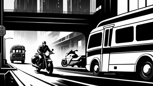 Prompt: a man riding a motorcycle down a street next to a bus and a car on the side of the road, Daarken, maximalism, cyberpunk style, a black and white photo in art deco style