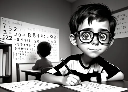 Prompt: cartoon boy with big eyes and glasses who loves maths

