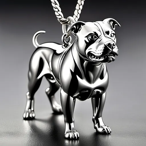 Prompt: A piece of jewelry crafted from polished silver, depicting a powerful scene of a Pitbull being trained by a person. The design features the Pitbull in a dynamic pose, with its muscular body and attentive expression, symbolizing strength and discipline. The person is shown in a commanding yet gentle stance, interacting with the dog through subtle details like a leash or training tool. The silver finish highlights the intricate details of both the Pitbull and the trainer, emphasizing their connection and the balance between power and control. This elegant piece captures the essence of training and partnership in a sophisticated, modern style."