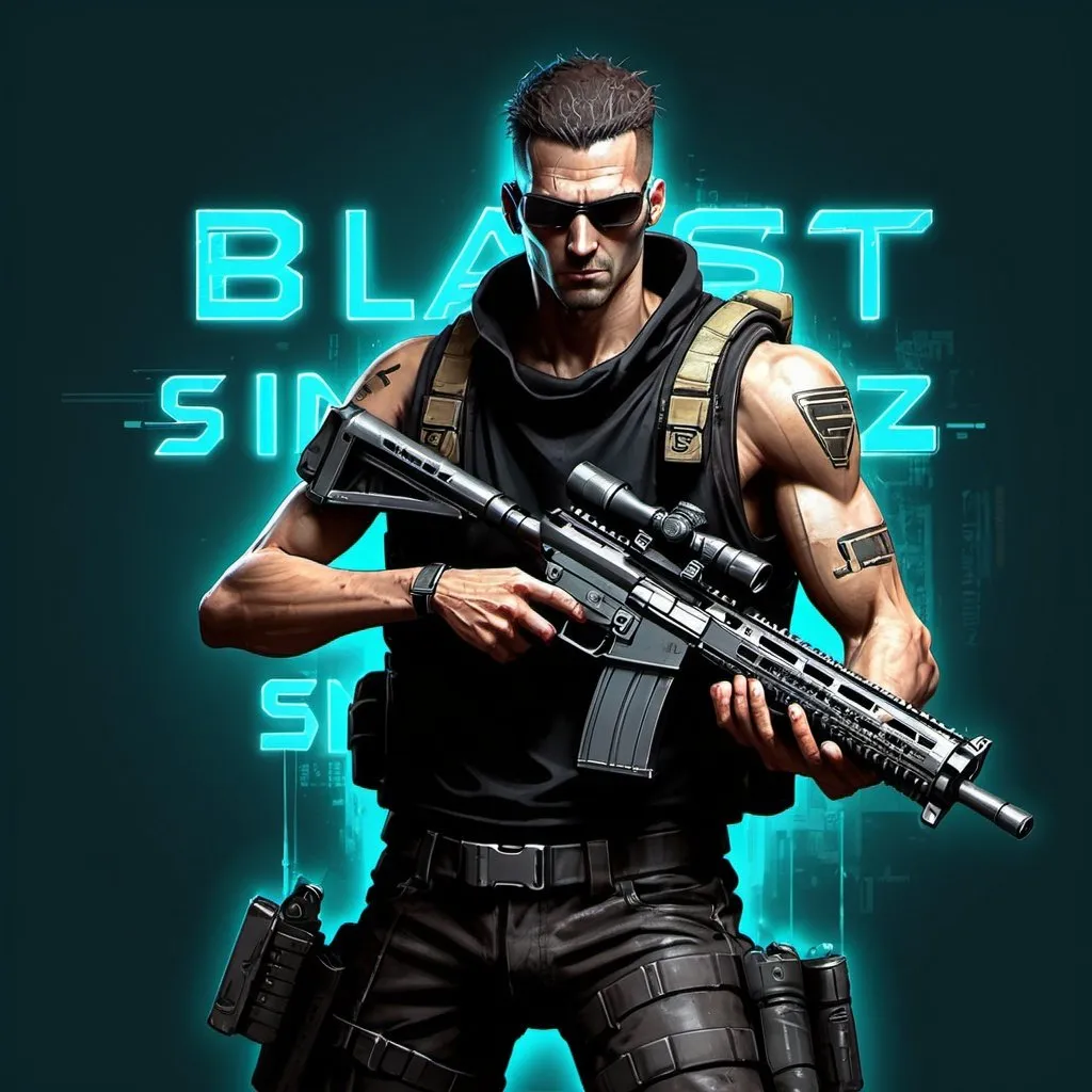 Prompt: Cyberpunk sniper man with long legs trunk rifle like AVP illustration for game in cyberpunk style with inscription: “BLAST SNIPERZ” 