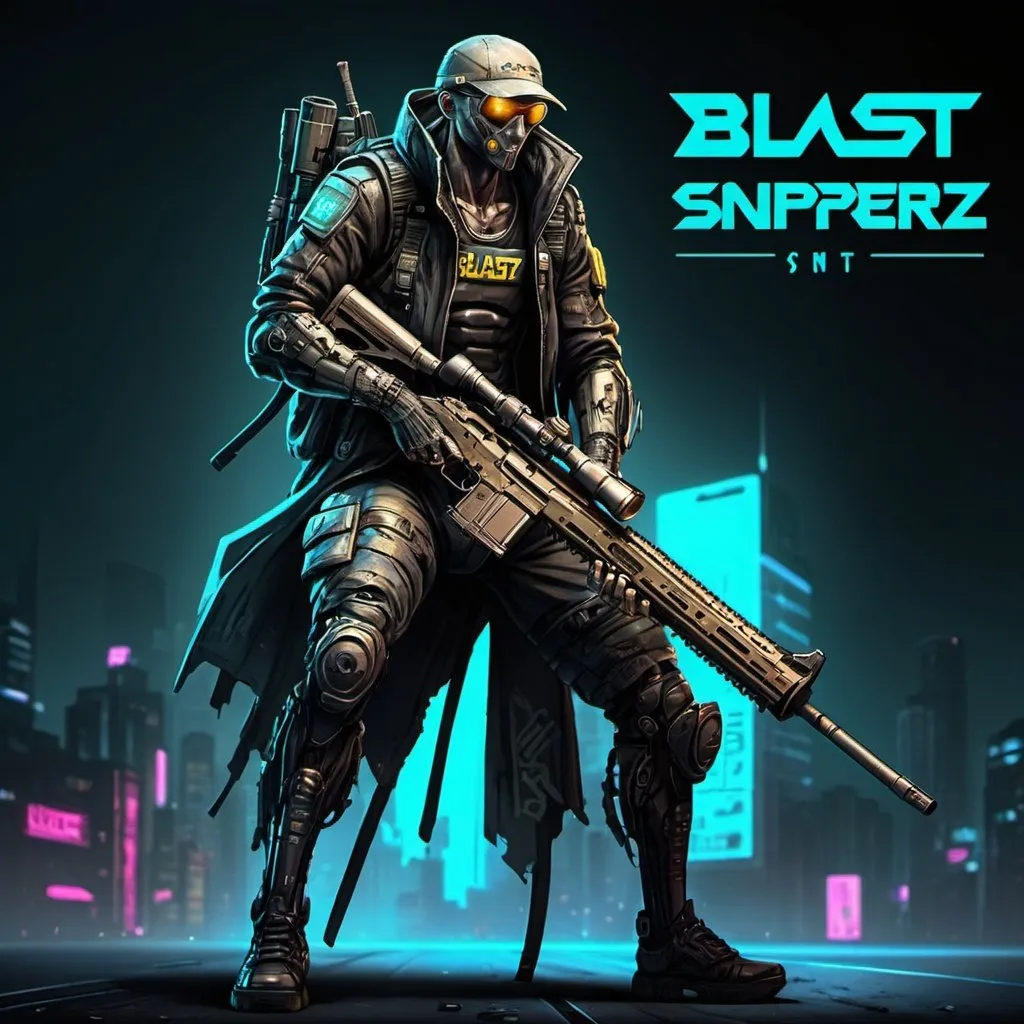 Prompt: Cyberpunk sniper man with long legs trunk rifle like AVP illustration for game in cyberpunk style with inscription: “BLAST SNIPERZ” 