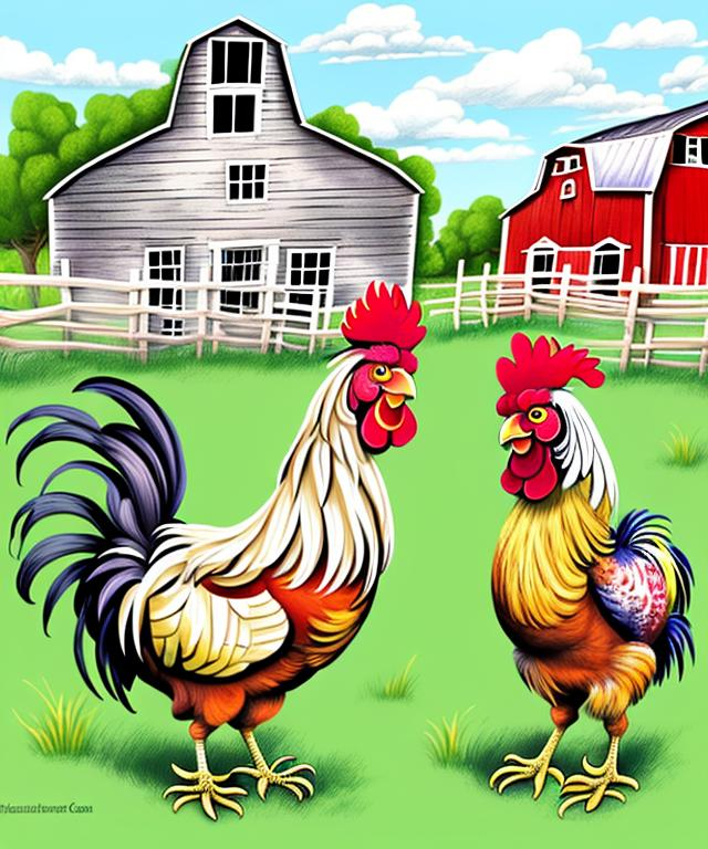 Prompt: There were 2 roosters living on the farm: a motley one and a gray one. Illustration in acrylic style for children book, pastel colors. 