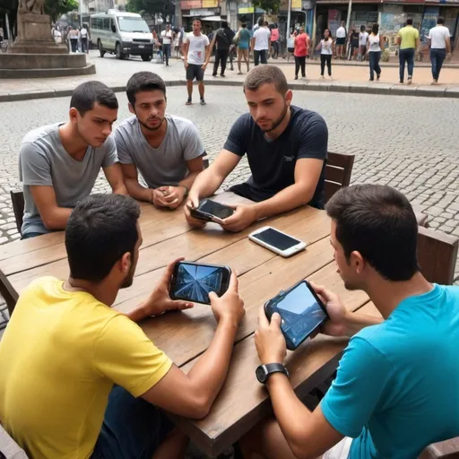 Prompt: Uma imagem que parece que foi tirado a foto do celular, com 5 pessoas diferentes discutindo sobre tecnologia  em um ambiente de rua brasileira em uma mesa em uma praça