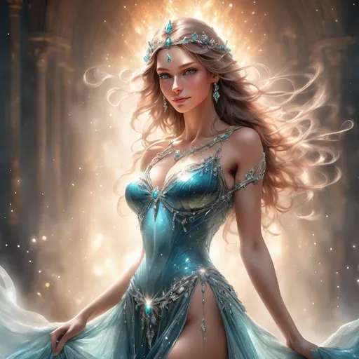 Prompt: a detailed full body portrait of a woman, a beautiful, everything glows, shimmers, a mysterious haze around, small details high image detail 120k, fine detailed drawing, professional photo, HDR, UltraHD, a lot of details, pixel study, 3D, detail, photorealism, majestic, stunning, elegant, brillant, sumptuous, magnificent, Olympian, effulgent, refulgent, fantasy, lovely, epic, fairy, with jewelry, long hair, queen, wearing diamond encrusted dress, lady, full body,