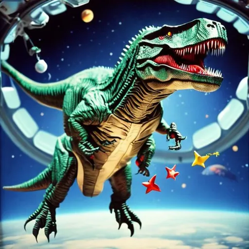 Prompt: A t-rex with a hat flying in a apaceship in space