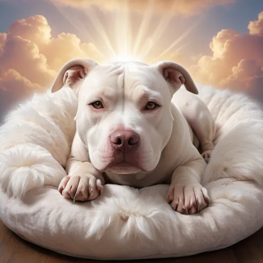 Prompt: Pitbull angel sleeping in a cozy dog bed, fluffy cloud background, detailed fur with soft reflections, serene face with subtle smile, high quality, angelic, dreamy, cozy, detailed eyes, soft pastel tones, atmospheric lighting