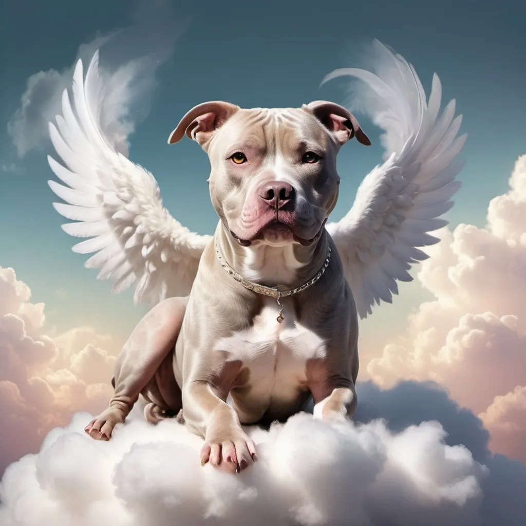 Prompt: Fantasy illustration of an angelic pitbull on a fluffy cloud, pitbull shadows in the background, ethereal and dreamy atmosphere, high quality, detailed feathers, soft pastel colors, fantasy art, angelic, pitbull, fluffy cloud, ethereal, dreamy, detailed shadows, fantasy style, detailed fur, professional, atmospheric lighting