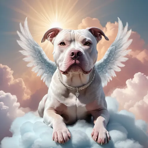 Prompt: Fantasy illustration of an angelic pitbull on a fluffy cloud, pitbull shadows in the background, ethereal and dreamy atmosphere, high quality, detailed feathers, soft pastel colors, fantasy art, angelic, pitbull, fluffy cloud, ethereal, dreamy, detailed shadows, fantasy style, detailed fur, professional, atmospheric lighting