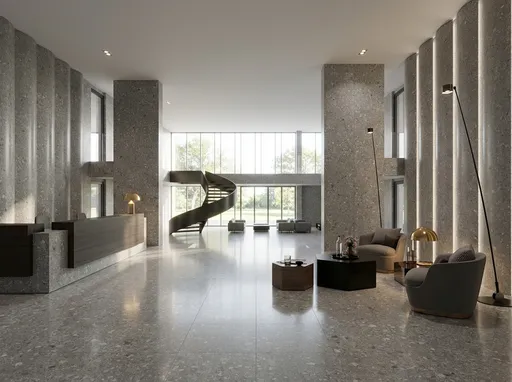 Prompt: Create a photorealistic architectural interior render from the provided sketch. Use the second image strictly as a reference for the geometry of the lateral walls. Preserve the exact layout, proportions, walls, openings, and spatial relationships without reinterpretation. The back wall must remain fully glazed. Apply realistic materials, textures, and finishes, with accurate scale, natural daylight and artificial lighting, soft shadows, and physically realistic reflections. The final image should resemble a professional architectural photograph, clean, coherent, and true to the original design intent.