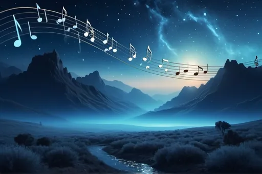 Prompt: A musical cinematic landscape, warm blue color scheme, musical notes flowing in the air, cinematic masterpiece, high depth, (dramatic lighting), ethereal atmosphere, vibrant highlights, ultra-detailed, misty backdrop, surreal environment, starry night sky, ethereal glows, contrast of shadows and light, epic composition, 4K quality, breathtaking panorama.  