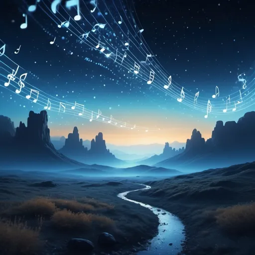 Prompt: A musical cinematic landscape, warm blue color scheme, musical notes flowing in the air, cinematic masterpiece, high depth, (dramatic lighting), ethereal atmosphere, vibrant highlights, ultra-detailed, misty backdrop, surreal environment, starry night sky, ethereal glows, contrast of shadows and light, epic composition, 4K quality, breathtaking panorama.