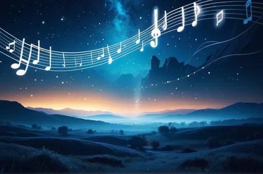 Prompt: A musical cinematic landscape, warm blue color scheme, musical notes flowing in the air, cinematic masterpiece, high depth, (dramatic lighting), ethereal atmosphere, vibrant highlights, ultra-detailed, misty backdrop, surreal environment, starry night sky, ethereal glows, contrast of shadows and light, epic composition, 4K quality, breathtaking panorama.  