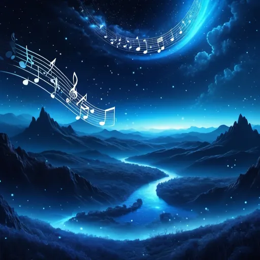 Prompt: A musical cinematic landscape, (deep blue color scheme), musical notes flowing in the air, enchanted atmosphere, epic and majestic, glowing accents, dramatic night sky with stars, highly detailed, dreamy, mystical environment, panoramic view, seamless blending of elements, dynamic lighting, fantasy setting, ultra-HD, high quality.
