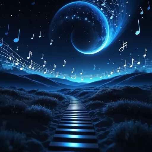 Prompt: (musical cinematic landscape), deep blue color scheme, musical notes flowing in the air, atmospheric, dreamlike, ethereal mood, vibrant and dramatic lighting, high contrast between light and shadow, ultra-detailed, high depth, breathtaking visuals, hints of a starry night sky in the background, surreal elements, immersive, high quality, 4K resolution.