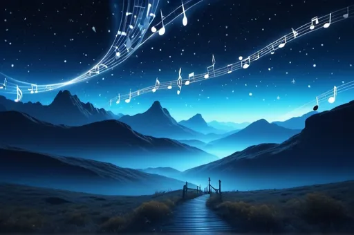 Prompt: A musical cinematic landscape, warm blue color scheme, musical notes flowing in the air, cinematic masterpiece, high depth, (dramatic lighting), ethereal atmosphere, vibrant highlights, ultra-detailed, misty backdrop, surreal environment, starry night sky, ethereal glows, contrast of shadows and light, epic composition, 4K quality, breathtaking panorama.  Magical melodies.