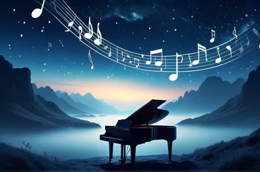 Prompt: A musical cinematic landscape, warm blue color scheme, musical notes flowing in the air, cinematic masterpiece, high depth, (dramatic lighting), ethereal atmosphere, vibrant highlights, ultra-detailed, misty backdrop, surreal environment, starry night sky, ethereal glows, contrast of shadows and light, epic composition, 4K quality, breathtaking panorama.  Magical melodies.  Have some people.