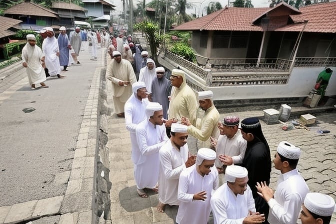 Prompt: The tradition of shaking hands with neighbors and mosque worshipers after Eid al-Fitr prayers in Indonesia