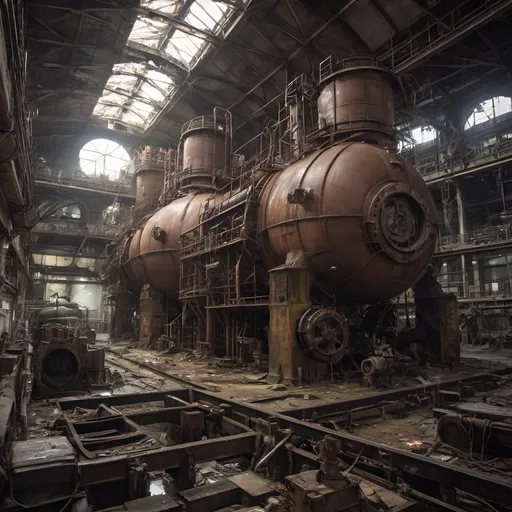 Prompt: Urbex style. A leaky rusty vat full of leaking rusty chemicals in a steampunk boilerpunk factory. Looks like an industrial cathedral with lot of tubes, bridges. Huge machines with fans and diesel motorship in the center. Post industrial decay. Post apocalyptic interior. Debris rubbish and graffiti, ground littered with bits of machinery.