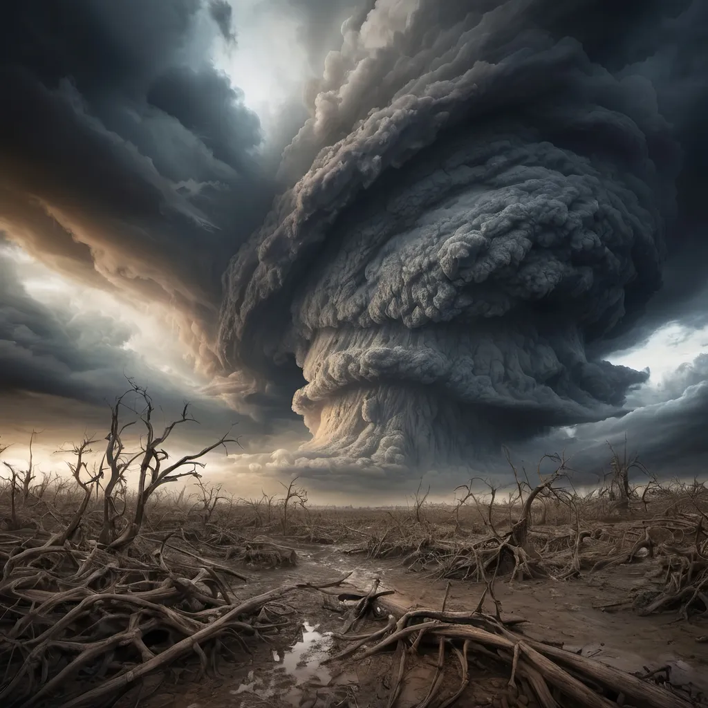 Prompt: An image of chaos on earth, with no humans just nature being chaotic. Dramatic sky. Decay.