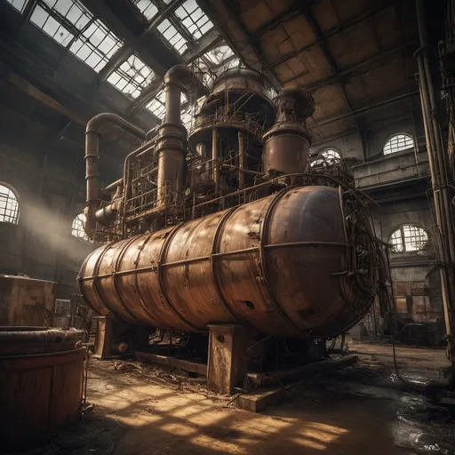 Prompt: Urbex style. A leaky rusty vat full of leaking rusty chemicals in a steampunk boilerpunk factory. industrial cathedral with lot of tubes, gateways. Huge machines with fans and diesel motorship in the center. Post industrial decay. Post apocalyptic interior. Ray of light filtering obliquely. Gold hour with warm colors. Backlit light filtering through a glass roof. Debris rubbish and graffiti, ground littered with bits of machinery. Water with réflection. HDR. 8K. Award wining photography, to expose in international galléries. Hasenblad.