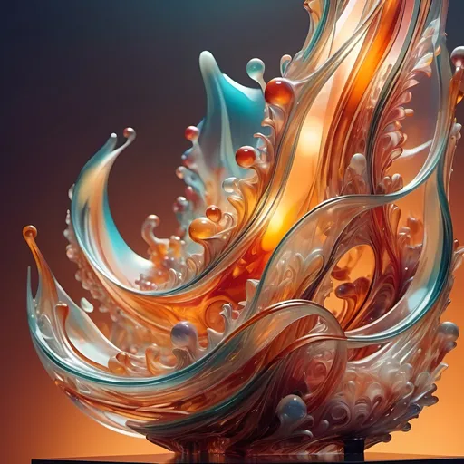 Prompt: surrealism style, detailed and vibrant transparent glass sculpture, intricate details, warm color scheme, colorful abstract background, dreamy atmosphere, fluid shapes, overlapping reflections, compelling textures, ethereal light, high contrast shades, ultra-detailed, 4K quality, whimsical design elements, captivating visual narrative.