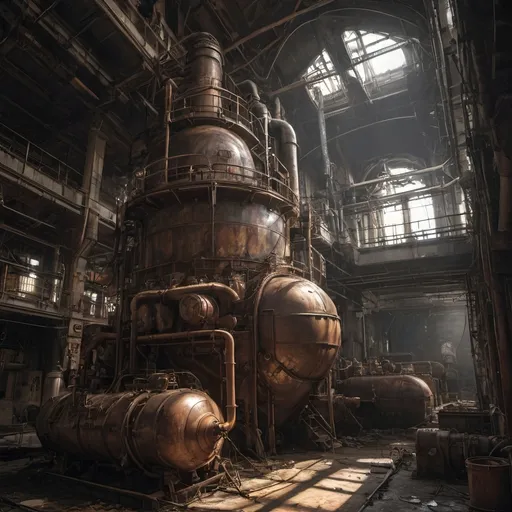 Prompt: Urbex style. A leaky rusty vat full of leaking rusty superposed chemicals in a steampunk boilerpunk factory. industrial cathedral with lot of tubes and gateways between left and right sides. Huge machines with fans and diesel motorship in the center. Post industrial decay. Steam outgoing of the machines and vats. Post apocalyptic interior. Ray of light filtering obliquely. Gold hour with warm colors. Backlit light filtering through a glass roof. Debris rubbish and graffiti, ground littered with bits of machinery. Water with réflection. HDR. 8K. Award wining photography, to expose in international galleries. Hasenblad. Nikon.