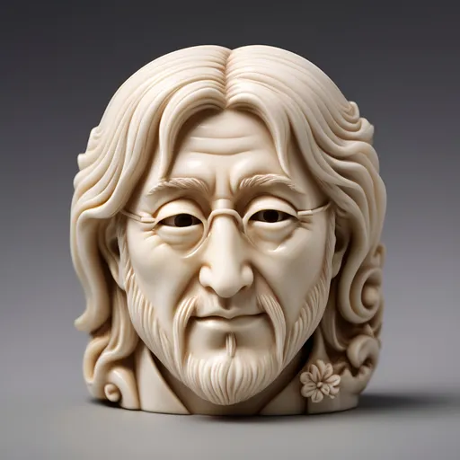 Prompt: John Lennon as an exquisite ivory netsuke from the 16th century, intricately carved with detailed facial features and enchanting expressions. Rich texture of ivory shows warmth and depth, surrounded by an elegant and soft ambient light. The background features subtle hints of traditional Japanese culture, creating a serene and nostalgic atmosphere. Captured in high-definition ultra-detailed style.