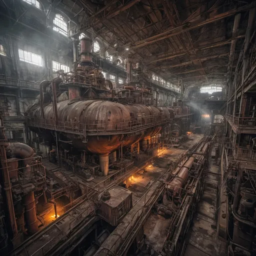 Prompt: Urbex style. A leaky rusty vat full of leaking rusty superposed chemicals in a steampunk boilerpunk factory. industrial cathedral with lot of tubes and gateways between left and right sides. Huge machines with fans and diesel motorship in the center. Post industrial decay. Steam outgoing of the machines and vats. Post apocalyptic interior. Ray of light filtering obliquely. Gold hour with warm colors. Backlit light filtering through a glass roof. Debris rubbish and graffiti, ground littered with bits of machinery. Water with réflection. HDR. 8K. Award wining photography, to expose in international galleries. Hasenblad.