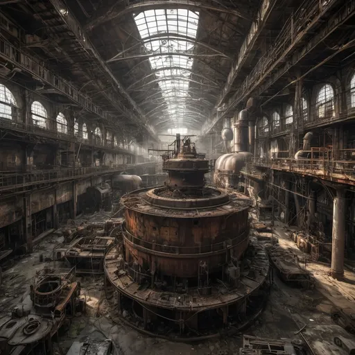 Prompt: Urbex style. A leaky rusty vat full of leaking rusty chemicals in a steampunk boilerpunk factory. Looks like an industrial cathedral with lot of tubes, bridges. Huge machines with fans and diesel motorship in the center. Post industrial decay. Post apocalyptic interior. Backlit light filtering through a glass roof. Debris rubbish and graffiti, ground littered with bits of machinery. Large surface of Water with réflection. HDR. 8K. Award wining photography, to expose in international galléries. Hasenblad.