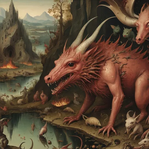 Prompt: Close-up on one creature taking the full picture in a chaos in a Bosch painting, hell, fire, intricate details, old Flemish style, layered textures. Water on the ground with reflections. Rich color palette of deep reds, earthy browns, and vibrant greens, surreal and fantastical elements, Mountains and lakes, crowded scenes filled with bizarre creatures, intriguing symbolism, a dark atmosphere punctuated by chaotic movement, reminiscent of historical art masterpieces, highly detailed and complex composition, dynamic contrasts of light and shadow, ultra-detailed, 4K quality.