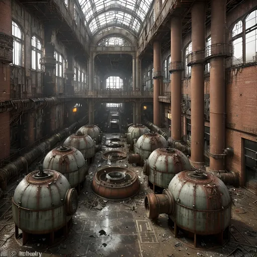 Prompt: Urbex style. A leaky rusty vat full of leaking rusty chemicals in a steampunk boilerpunk factory. Looks like an industrial cathedral with lot of tubes, bridges. Huge machines with fans and diesel motorship in the center. Post industrial decay. Post apocalyptic interior. Debris rubbish and graffiti, ground littered with bits of machinery.