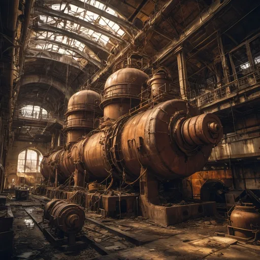 Prompt: Urbex style. A leaky rusty vat full of leaking rusty chemicals in a steampunk boilerpunk factory. industrial cathedral with lot of tubes, gateways. Huge machines with fans and diesel motorship in the center. Post industrial decay. Post apocalyptic interior. Ray of light filtering obliquely. Gold hour with warm colors. Backlit light filtering through a glass roof. Debris rubbish and graffiti, ground littered with bits of machinery. Water with réflection. HDR. 8K. Award wining photography, to expose in international galléries. Hasenblad.