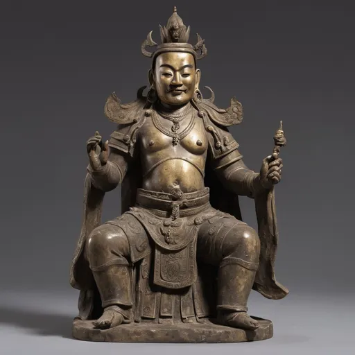 Prompt: Sculpture representing Chen Mi Zang (Virupaksha), Guardian King of the West , Tibet, 18th century, appraised by the Gauchet Art Asiatique firm for Millon. The sculpture is not cropped. Highly detailled. Realistic picture with lot of details. Uniform background.