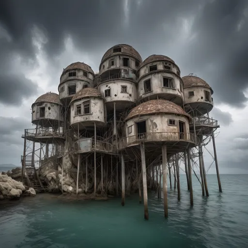 Prompt: Urbex .Deserted nine Dome Houses of Cape Romano in the middle of the sea.  Access with ladders and bridges between them. Houses on stilts. No ground. Enigmatic atmosphere, steampunk dramatic overcast skies, hyper-realistic rendering, subtle and soft lighting casting gentle shadows, HDR effect enhancing every detail, beautiful valleys below, reminiscent of the immersive worlds in Riven and Myst, breathtaking scenic view, ultra-detailed, cinematic masterpiece.