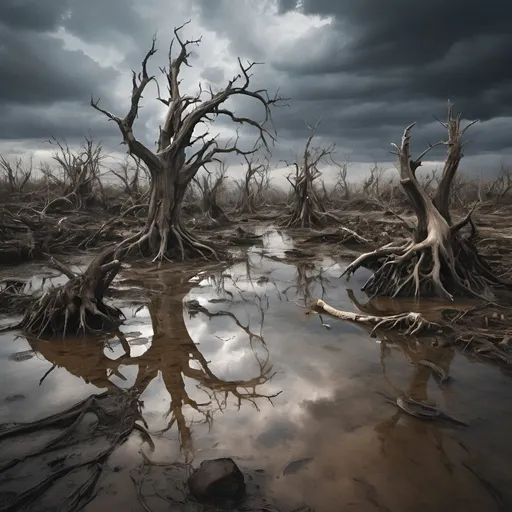 Prompt: An image of chaos on earth, with no humans just nature being chaotic. Dramatic sky. Decay. Végétation morte. Racines et arbres morts. Nombreux rochers dont certains de grande taille. Flaques d’eau avec réflection. Lumière mystique. Désolation. Désespoir.