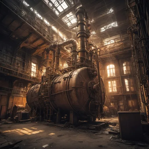Prompt: Urbex style. A leaky rusty vat full of leaking rusty chemicals in a steampunk boilerpunk factory. industrial cathedral with lot of tubes, gateways. Huge machines with fans and diesel motorship in the center. Post industrial decay. Steam lugions ognthe machines. Post apocalyptic interior. Ray of light filtering obliquely. Gold hour with warm colors. Backlit light filtering through a glass roof. Debris rubbish and graffiti, ground littered with bits of machinery. Water with réflection. HDR. 8K. Award wining photography, to expose in international galléries. Hasenblad.