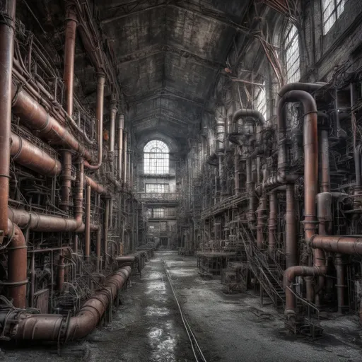 Prompt: urbex picture with lot of pipes and machines forming a kind of industrial cathedral. HDR rendering. Picture wining price.