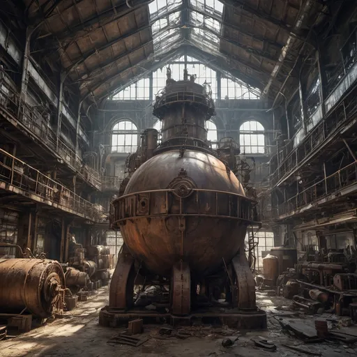 Prompt: Urbex style. A leaky rusty vat full of leaking rusty chemicals in a steampunk boilerpunk factory. industrial cathedral with lot of tubes, gateways. Huge machines with fans and diesel motorship in the center. Post industrial decay. Post apocalyptic interior. Backlit light filtering through a glass roof. Debris rubbish and graffiti, ground littered with bits of machinery. Water with réflection. HDR. 8K. Award wining photography, to expose in international galléries. Hasenblad.