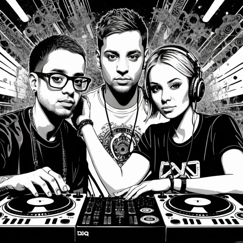 Prompt: intricate detailed artwork of two djs using dj controllers, one male dj and one female dj. the female dj has short hair. include the initials BGA,black and white ink, some ink drips