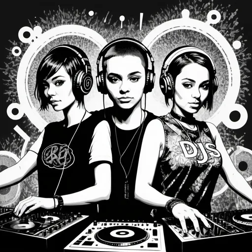 Prompt: intricate detailed artwork of two djs using dj controllers, one male dj and one female dj. the female dj has short hair. include the initials BGA,black and white ink, some ink drips