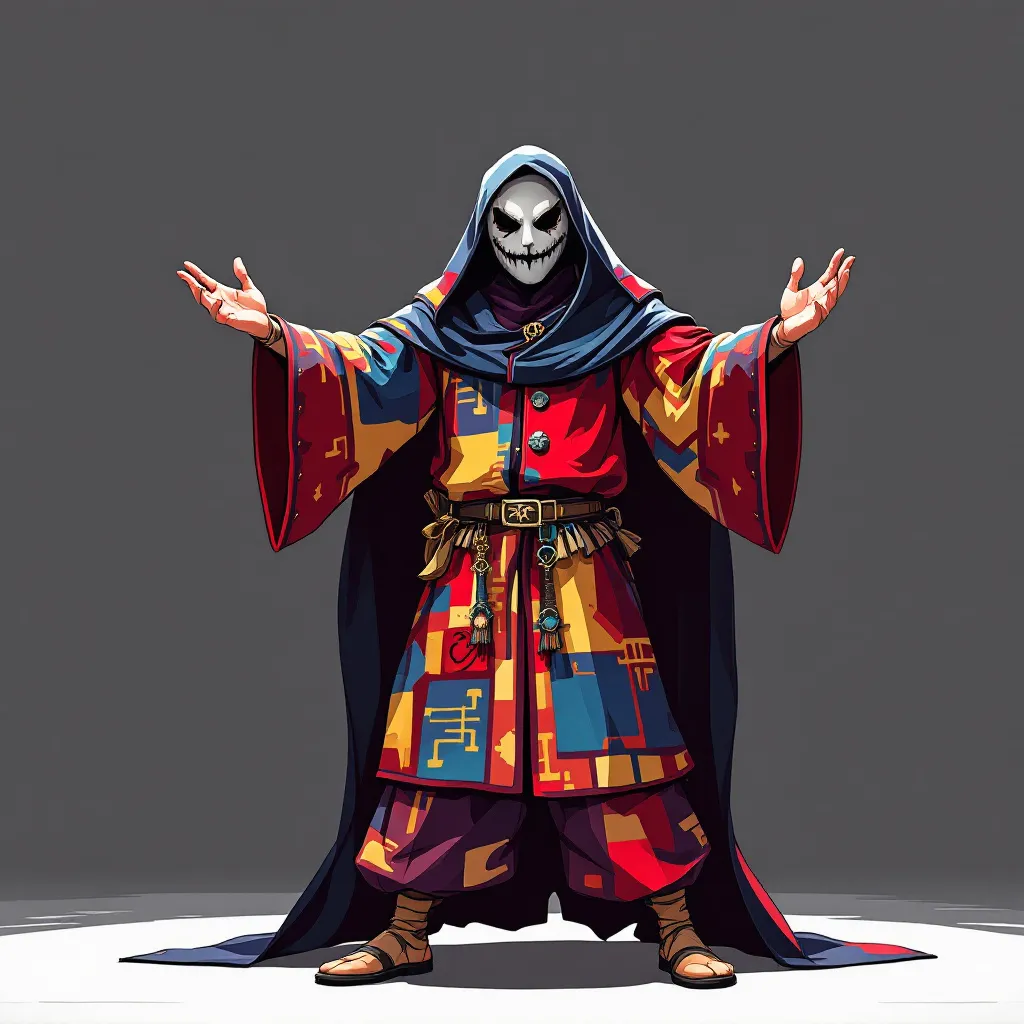 Prompt: Simple anime style, hilarious (host of the show) with mascarad mask, dressed in (colorful medieval clothes). (Simple background), fullheight, longshot, concept art. he is staying in A-pose, (straight raised hands), (feet shoulder-width apart), front view
